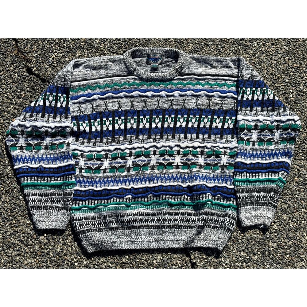 Vintage Etchings “coogi-style” sweater blue green ramie blend retro Cosby biggie